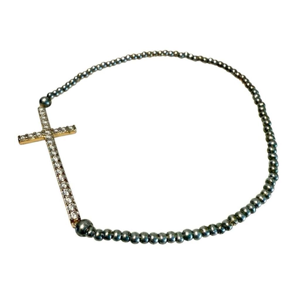 Minimalist Rhinestone Cross Beaded Bracelet Silver-tone Stretch Bracelet
